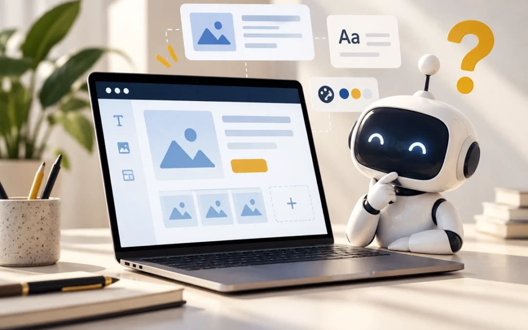 Tehisintellekti kujutav robot sülearvuti kõrval, mille ekraanil on avatud kodulehe kujundamise tööriist.